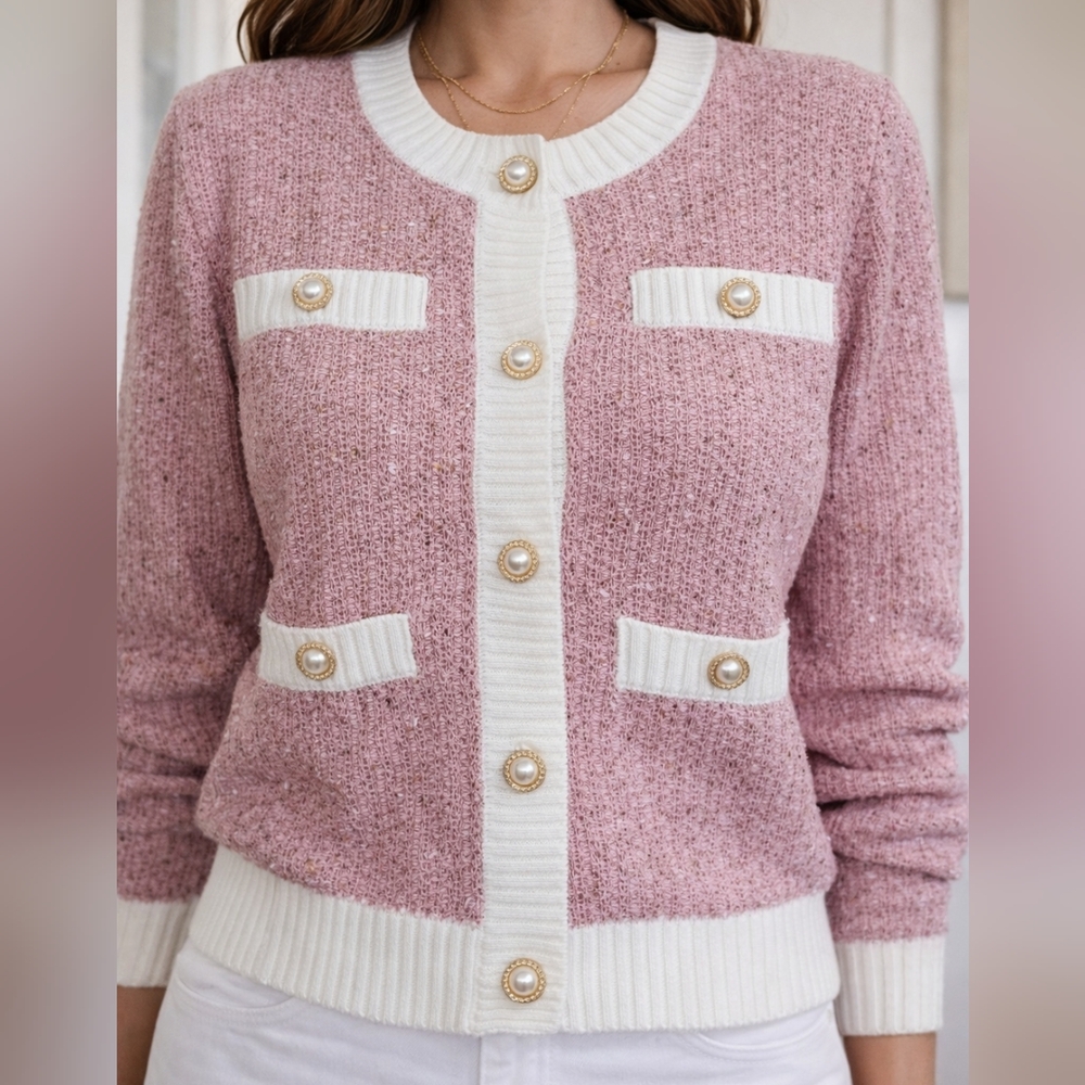 Pink Pearl Button Cardigan Coquette Preppy Old Money Knit Sweater
